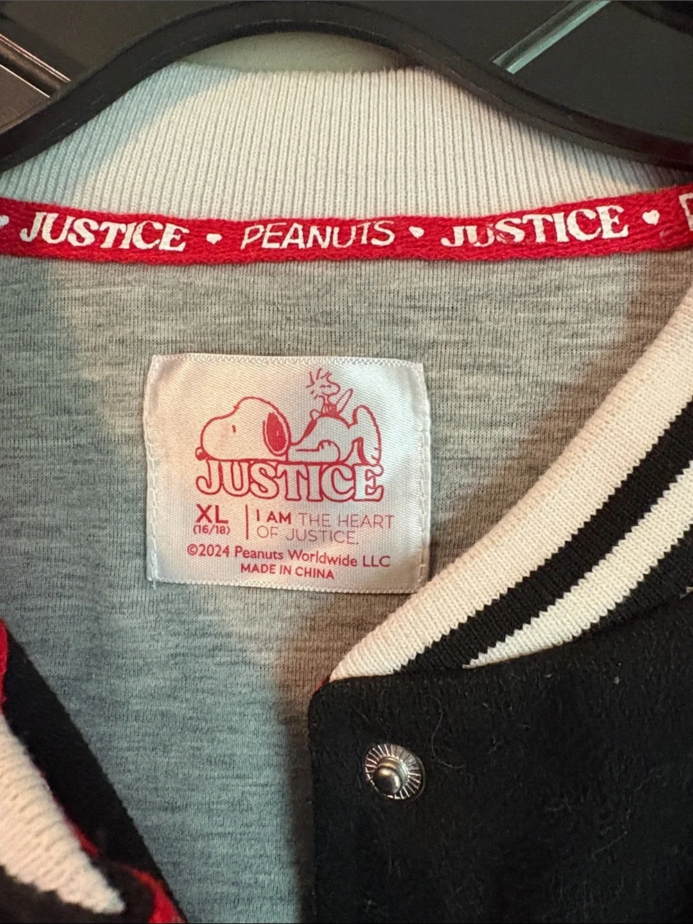 Justice Black & White Snoopy Varsity Jacket Size x-large (16-18)